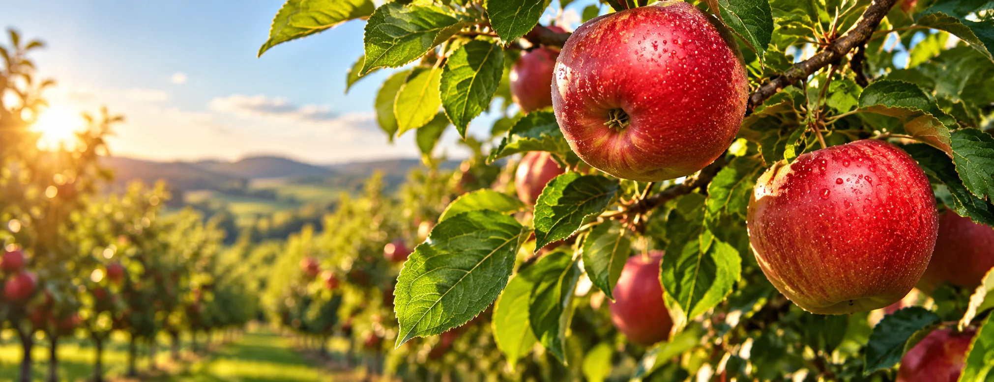 Sonnenbeschienene rote Äpfel am Baum – KI-generiertes Symbolbild, keine Aufnahme des AGA-Betriebs