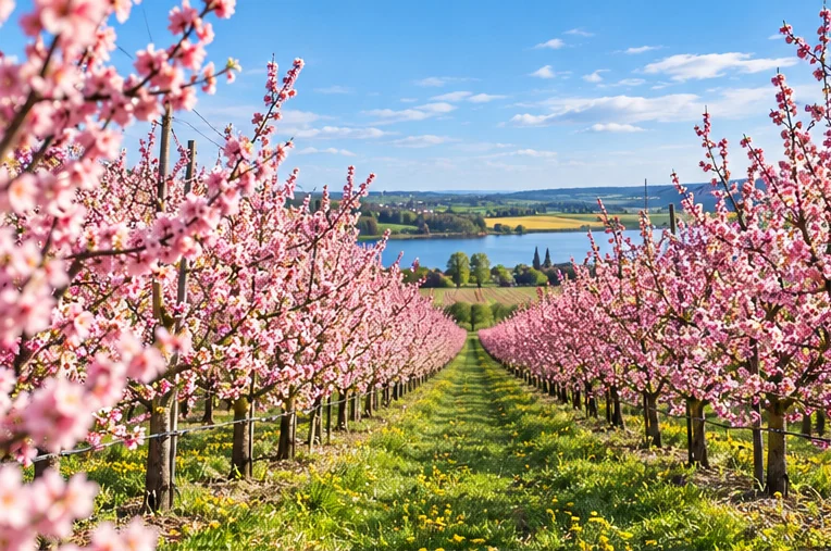 Blühende Obstbaumreihen mit Blick auf eine Seenlandschaft – KI-generiertes Symbolbild, keine unveränderte Betriebsaufnahme