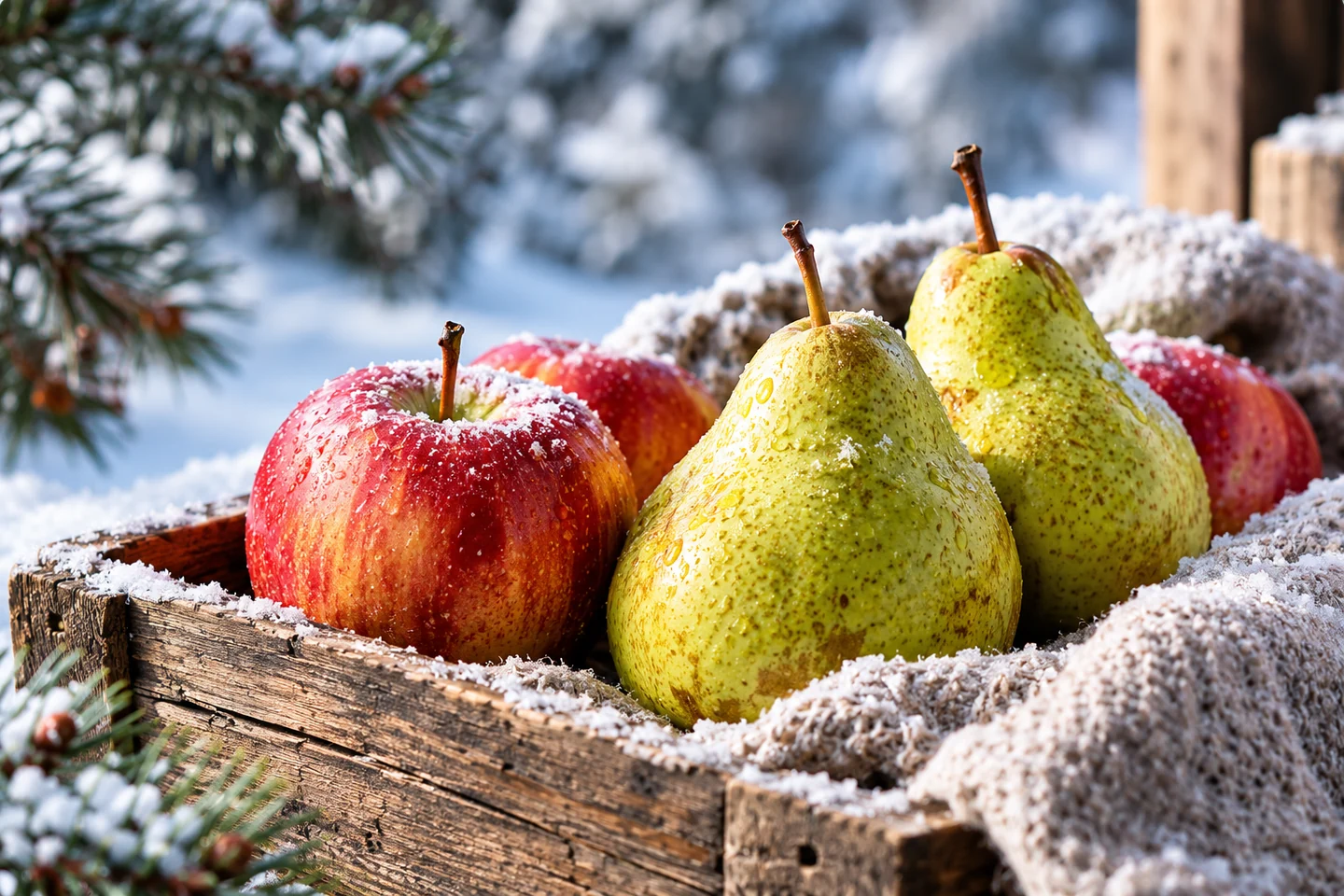 Äpfel und Birnen in einer winterlichen Holzkiste – KI-generiertes Symbolbild, keine Aufnahme des AGA-Betriebs