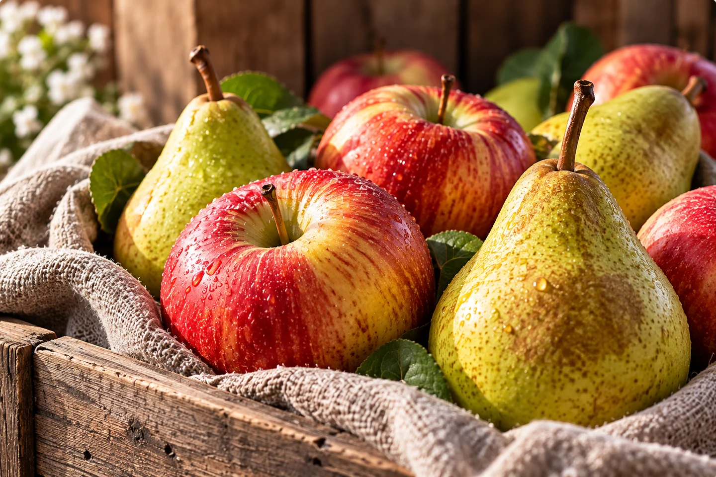 Äpfel und Birnen auf Leinen in einer rustikalen Holzkiste – KI-generiertes Symbolbild, keine Aufnahme des AGA-Betriebs