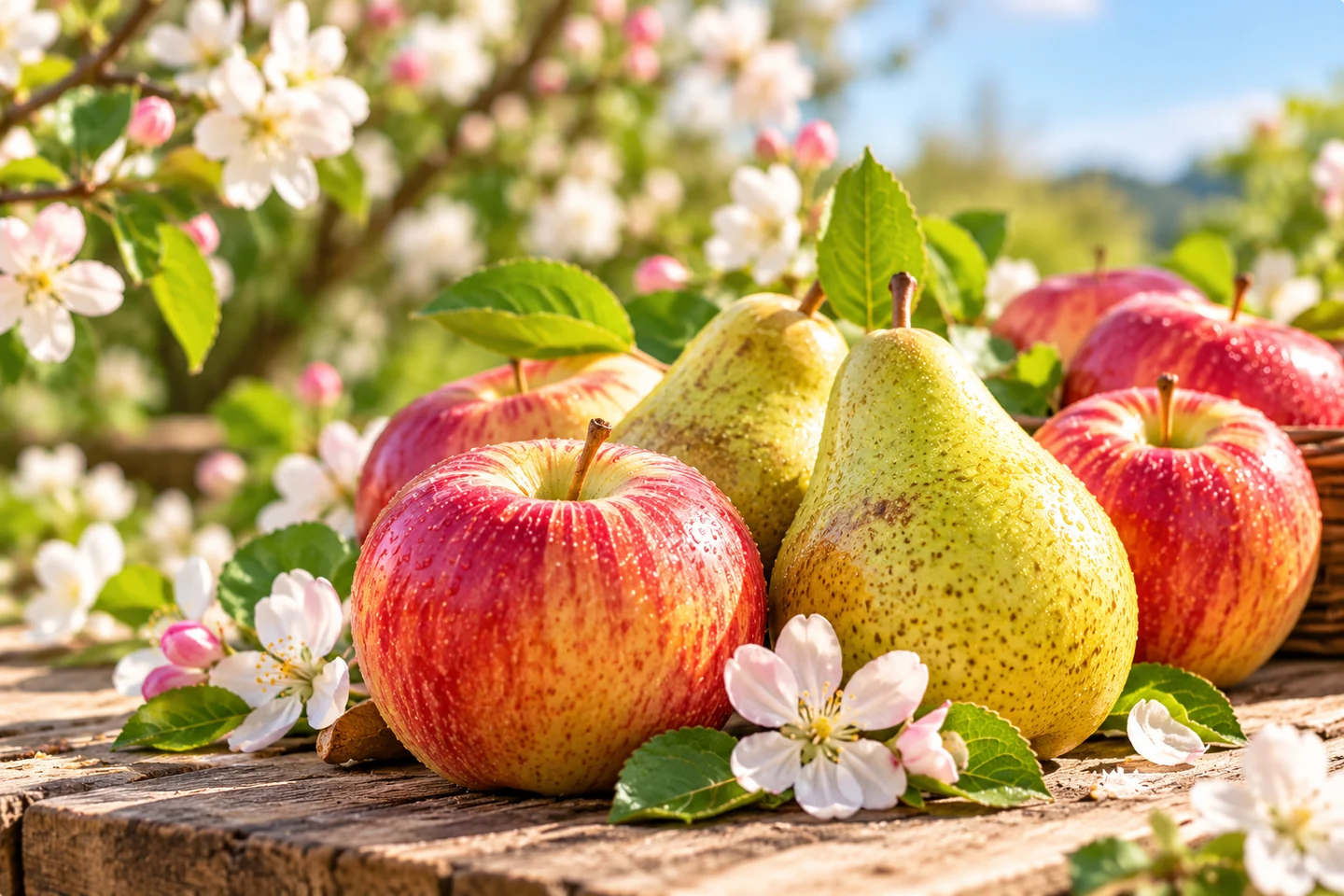 Äpfel und Birnen zwischen Frühlingsblüten – KI-generiertes Symbolbild, keine Aufnahme des AGA-Betriebs