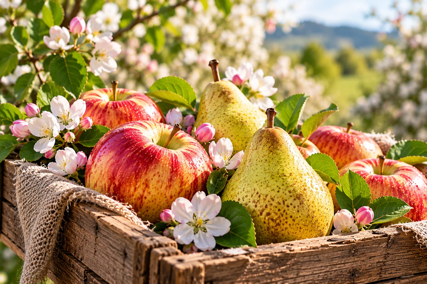 Äpfel und Birnen in einer Kiste im Blütenhain – KI-generiertes Symbolbild, keine Aufnahme des AGA-Betriebs