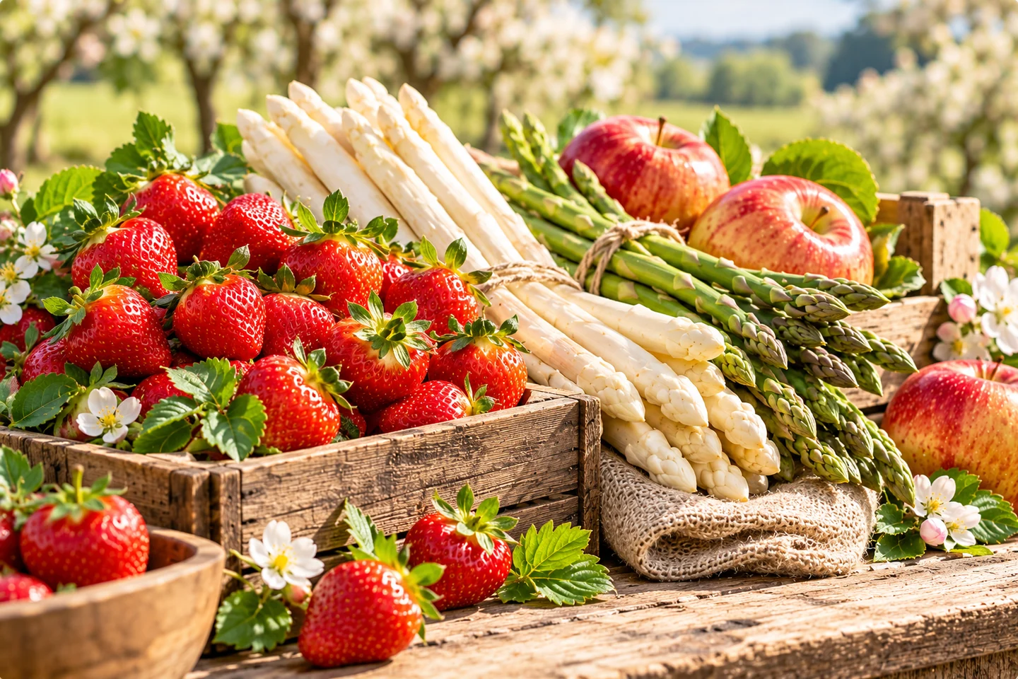 Erdbeeren, weißer und grüner Spargel und Äpfel – KI-generiertes Symbolbild, keine Aufnahme des AGA-Betriebs
