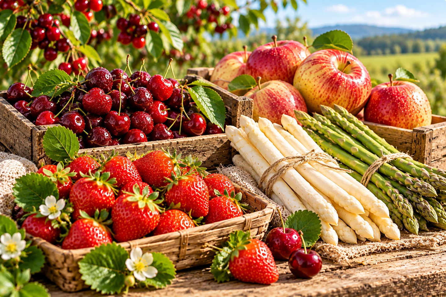 Kirschen, Erdbeeren, weißer und grüner Spargel und Äpfel – KI-generiertes Symbolbild, keine Aufnahme des AGA-Betriebs