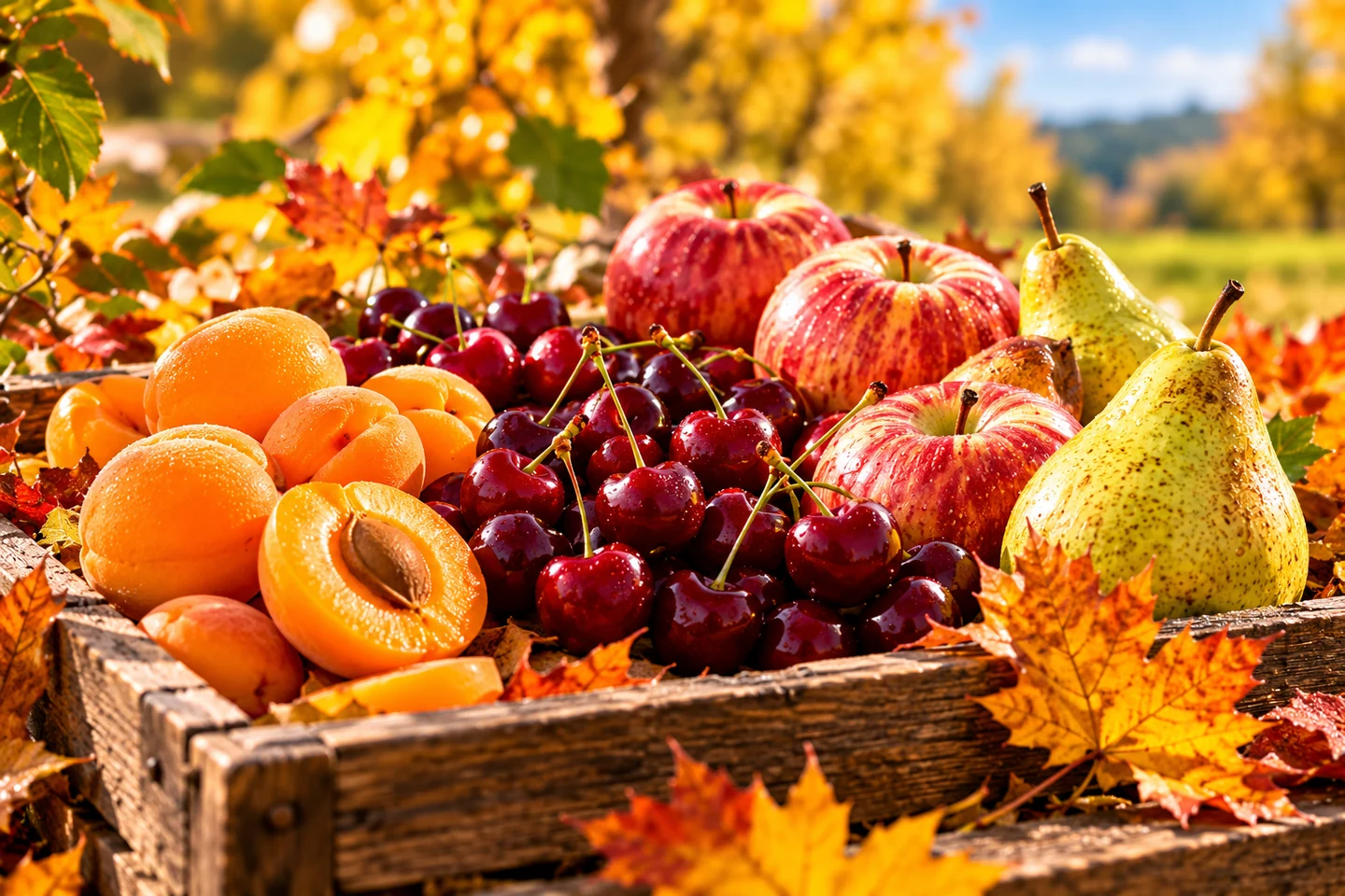 Aprikosen, Kirschen, Äpfel und Birnen in einer herbstlichen Holzkiste – KI-generiertes Symbolbild, keine Aufnahme des AGA-Betriebs