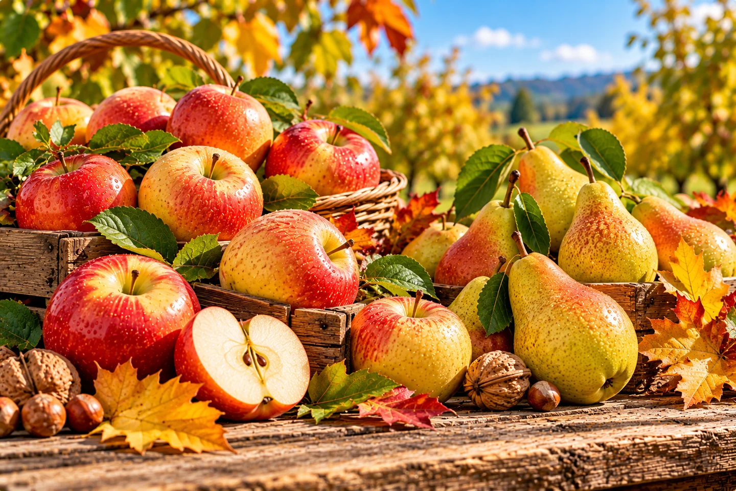 Äpfel und Birnen mit Herbstlaub im Obstgarten – KI-generiertes Symbolbild, keine Aufnahme des AGA-Betriebs
