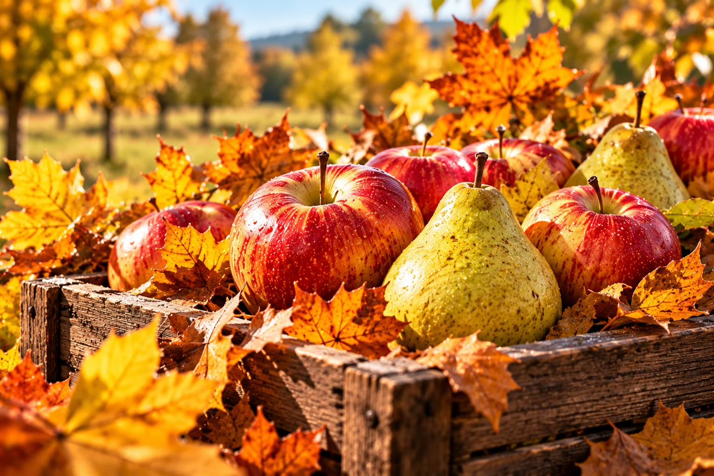 Äpfel und Birnen in einer Holzkiste mit goldfarbenem Herbstlaub – KI-generiertes Symbolbild, keine Aufnahme des AGA-Betriebs