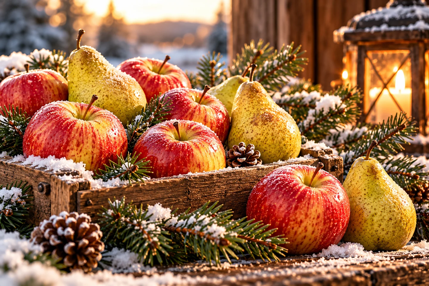 Äpfel und Birnen mit Wintergrün und Laterne – KI-generiertes Symbolbild, keine Aufnahme des AGA-Betriebs
